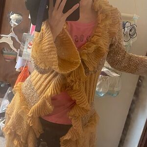 Ruffled Knit Cardigan in Tan and orange